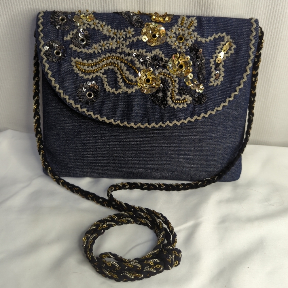 Vintage 90's denim and sequins‎ purse 8x6